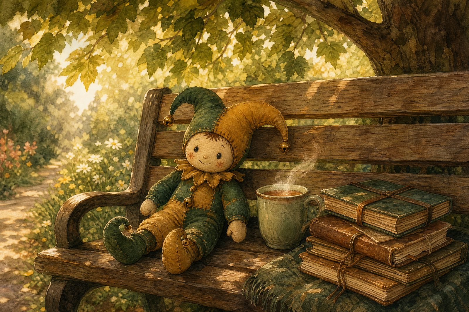 A hand-stitched jester doll sitting on a wooden bench beside a mug of tea and a stack of notebooks