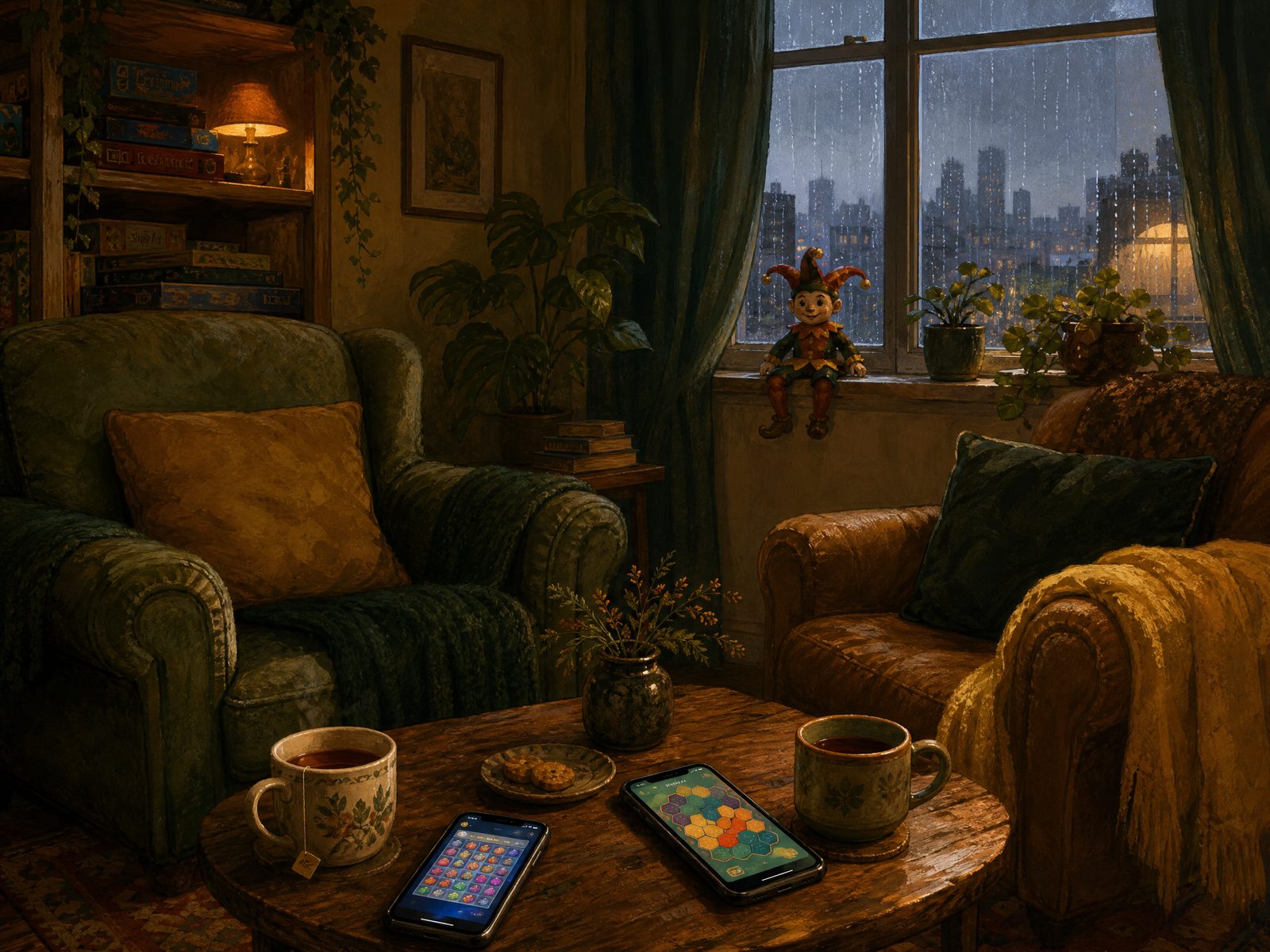 A cosy Melbourne reading nook with two armchairs, tea, phones showing puzzle games, and a small jester figurine on the windowsill