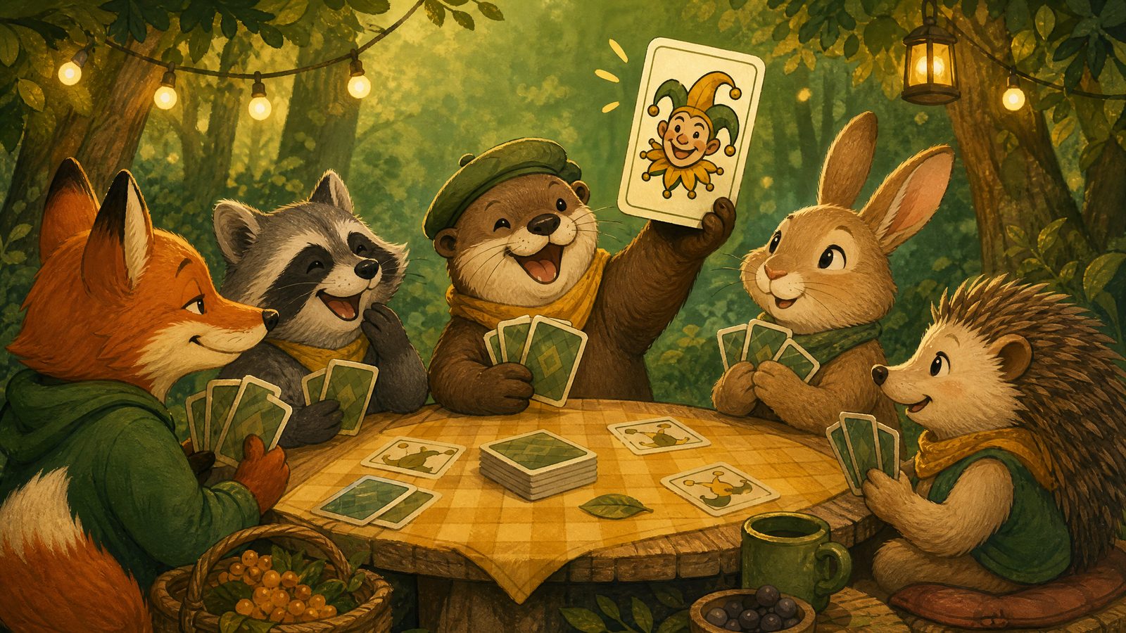 Cartoon woodland animals playing a bluffing card game around a picnic table, one holding up a jester card