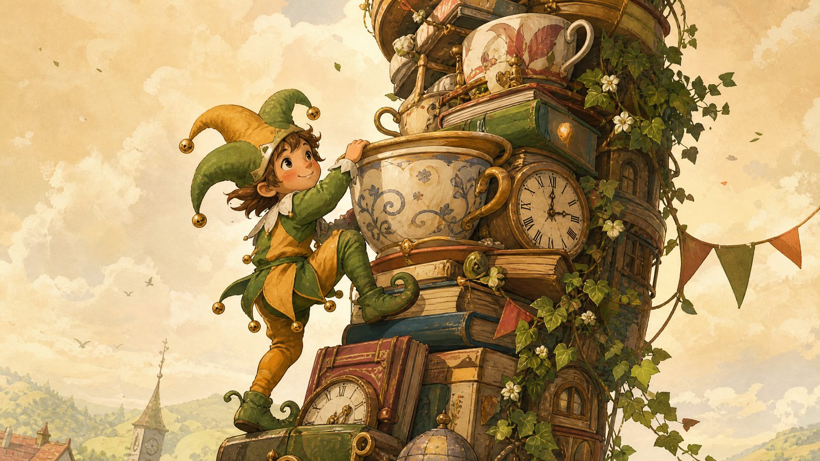 A little jester climbing a whimsical tower of stacked teacups, books and clocks