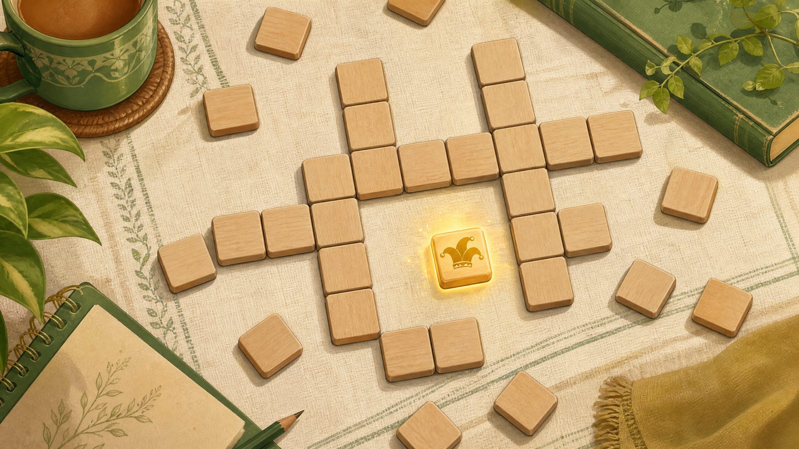 Wooden letter tiles on cream linen forming a crossword, one tile glowing with a jester cap icon