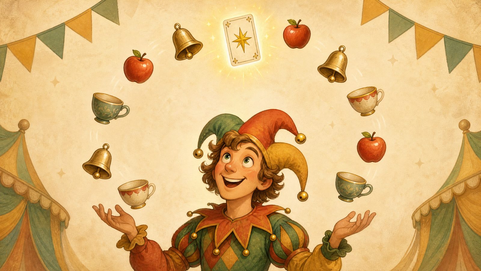 A cheerful jester juggling twelve objects including apples, bells, teacups and one glowing card
