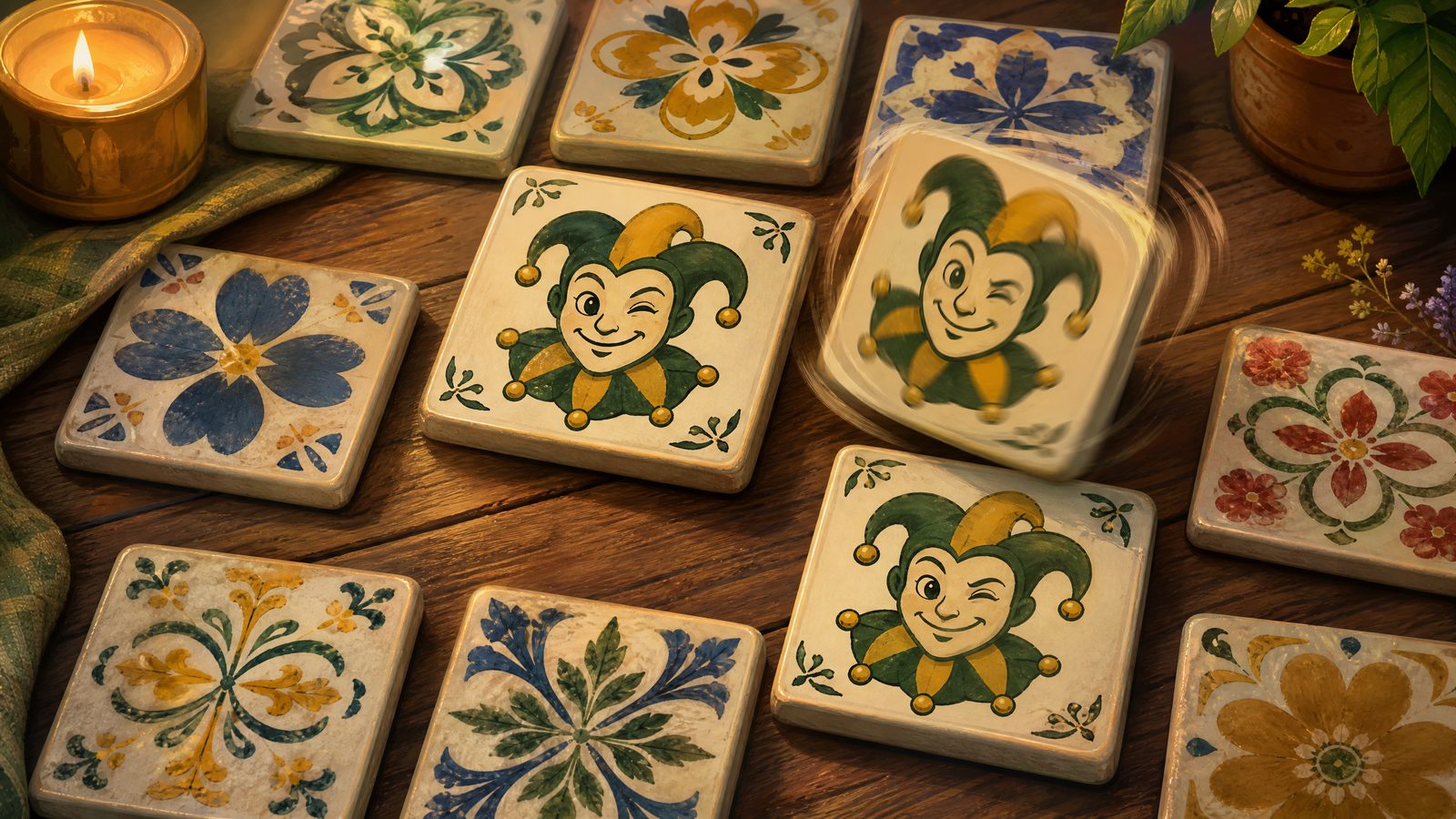 Folk-art ceramic tiles on a wooden table, three revealing winking jester faces